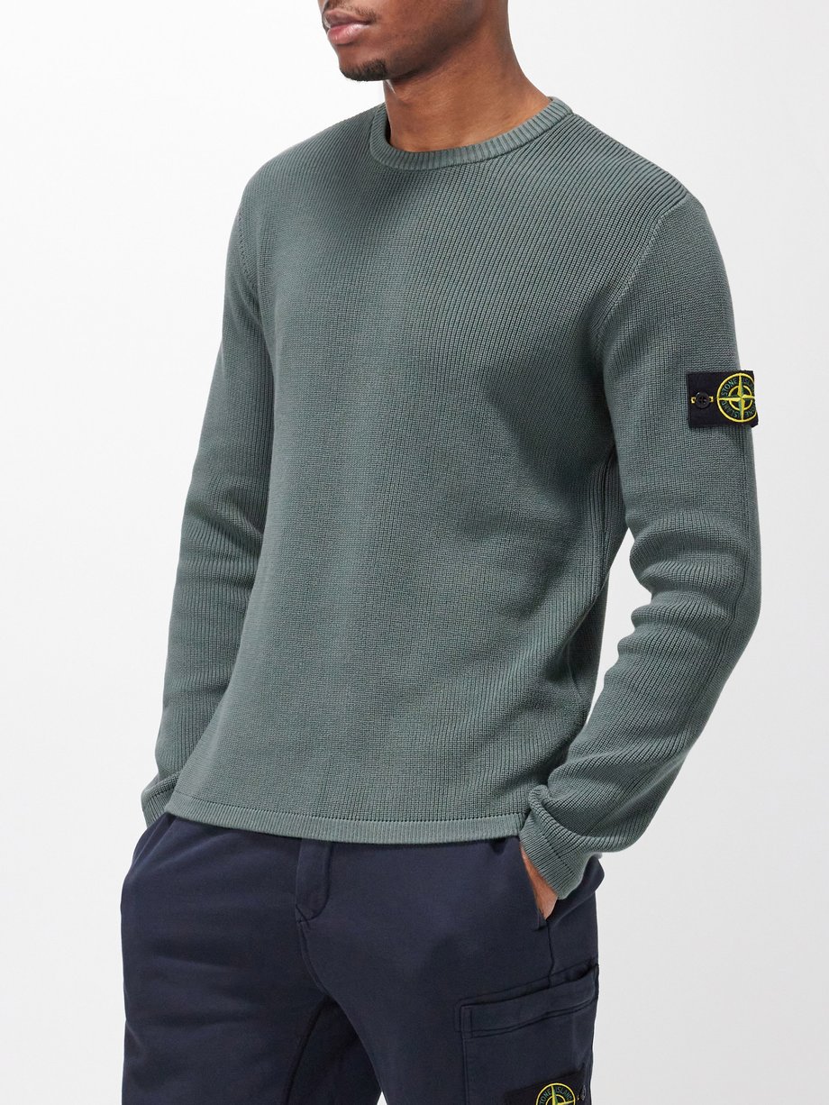 Green Logo-patch ribbed-knit cotton sweater | Stone Island 
