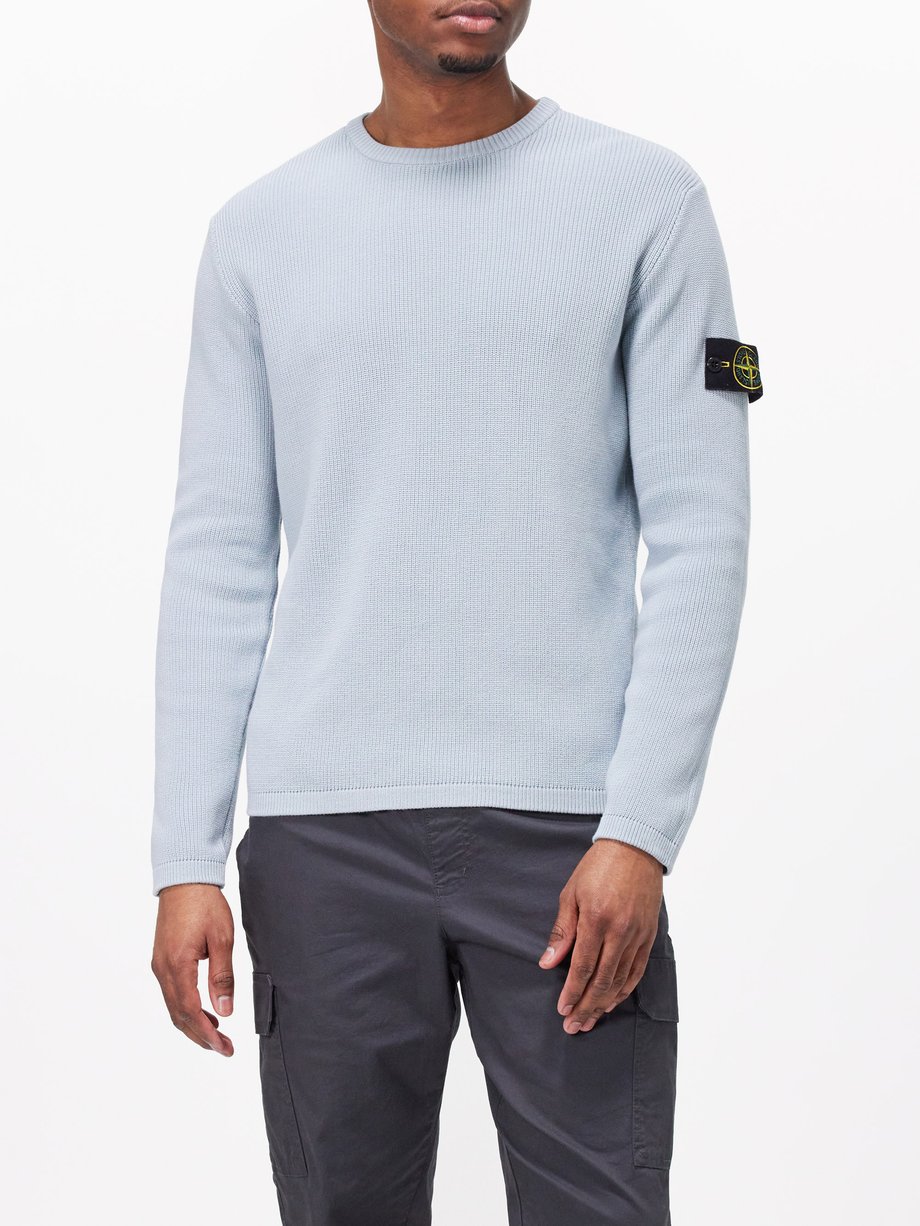 Blue Logo-patch ribbed-knit cotton sweater | Stone Island | MATCHES UK