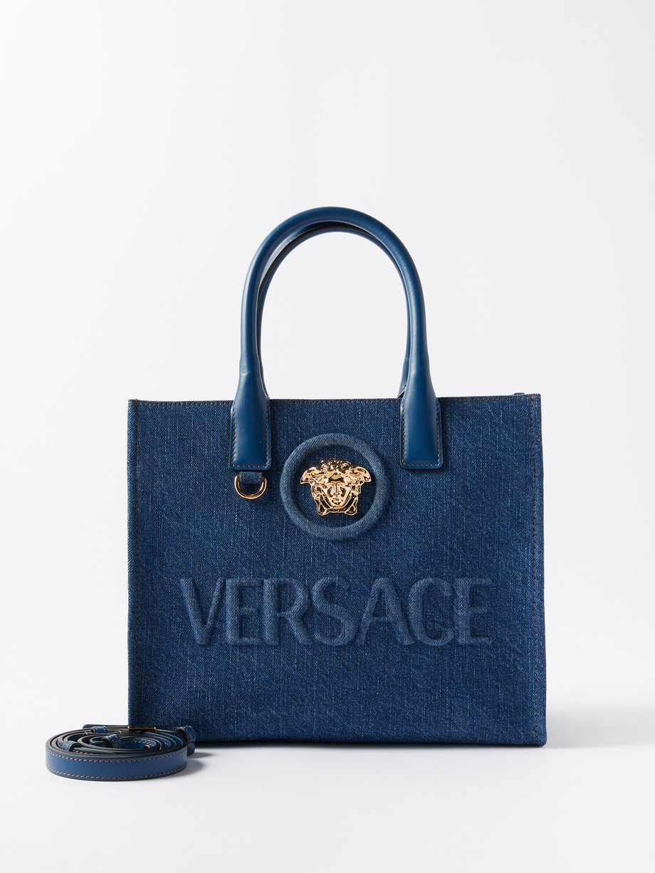 Shopper leather-trimmed tote bag in black - Versace