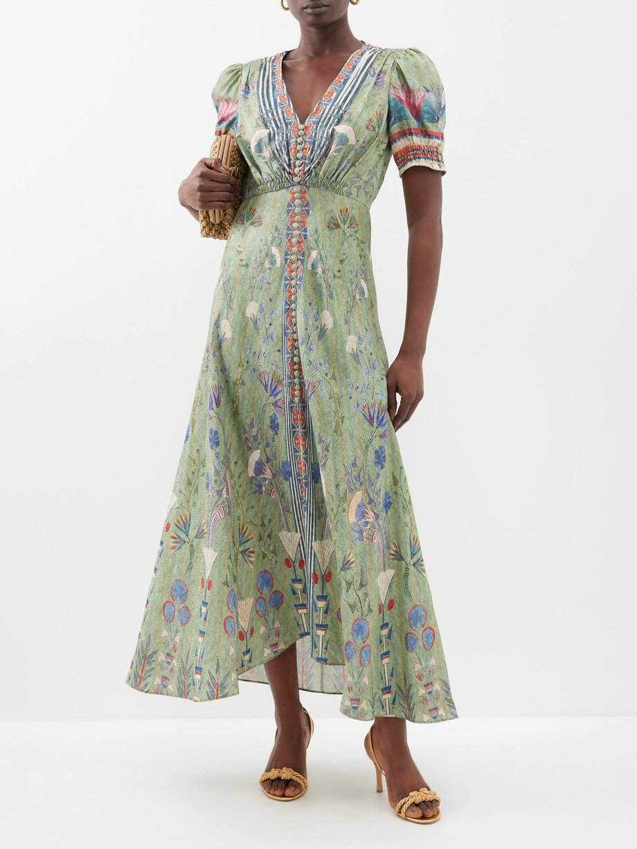 Green Lea printed silk-jacquard midi dress | Saloni | MATCHES UK