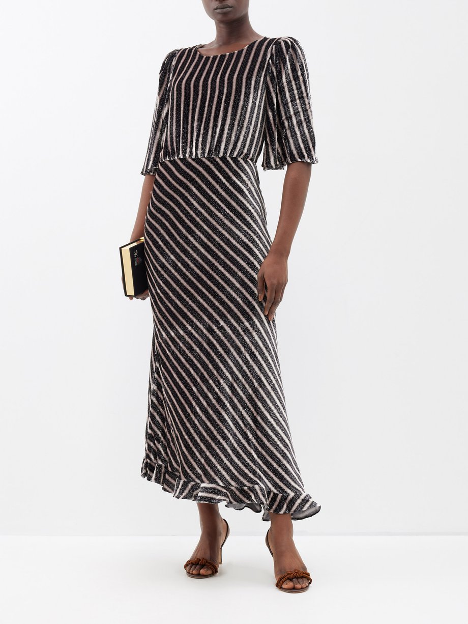 Black Vida asymmetric striped velvet midi dress | Saloni | MATCHES UK