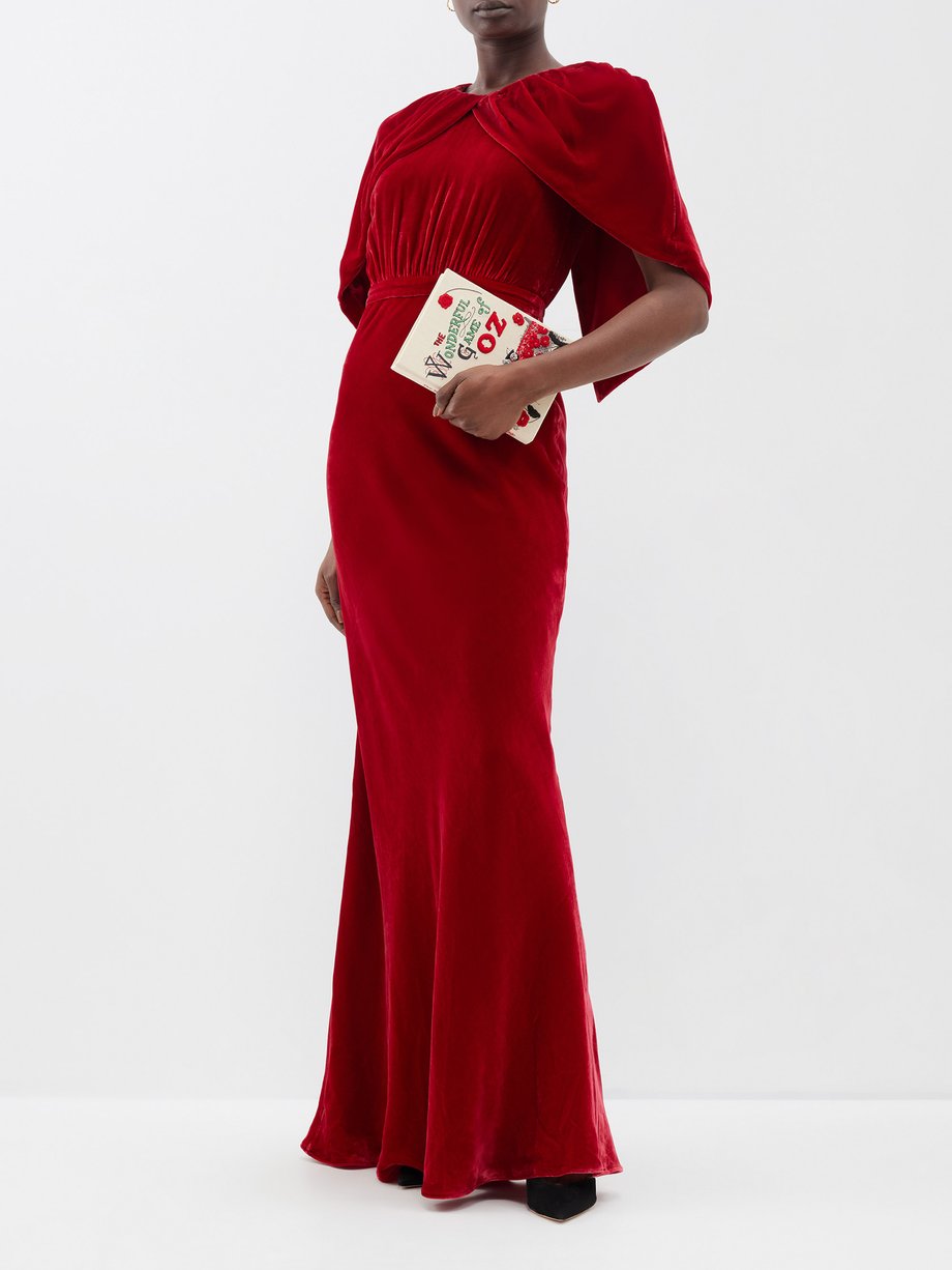 Red Celeste caped velvet gown | Saloni | MATCHES UK