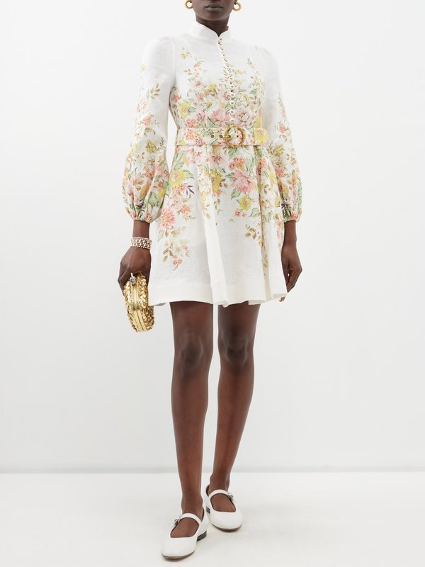 Ivory multi Matchmaker belted linen mini dress | Zimmermann | MATCHES UK