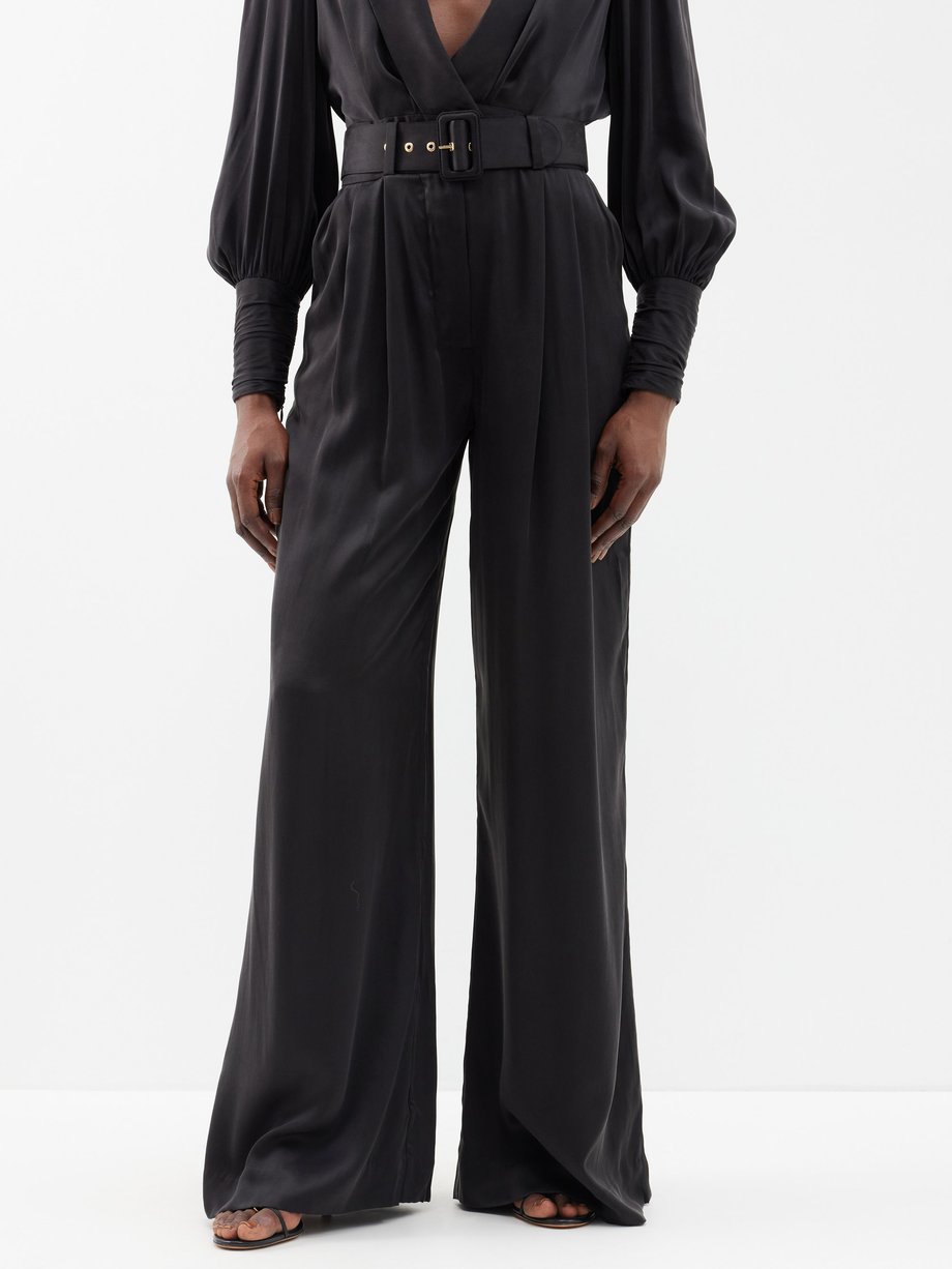 Black Pleated silk-satin wide-leg pants