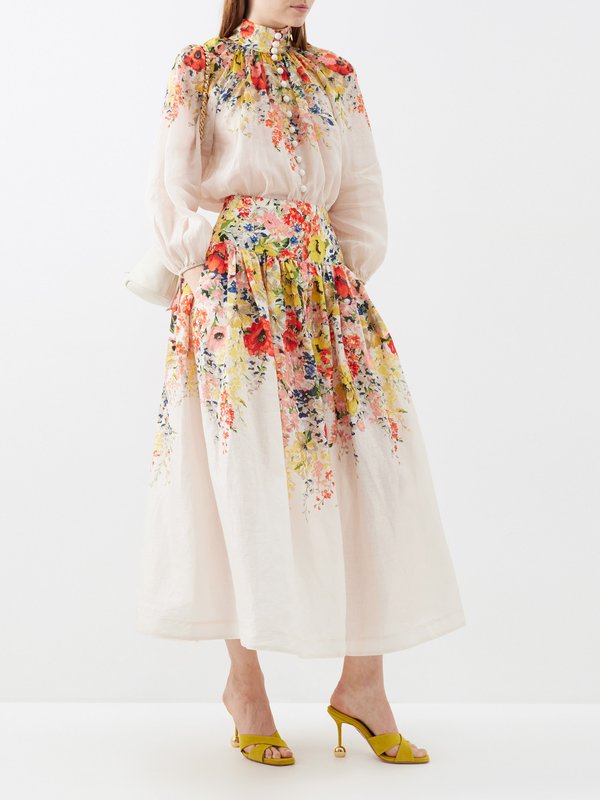 Zimmermann Alight Basque floral-print linen midi skirt
