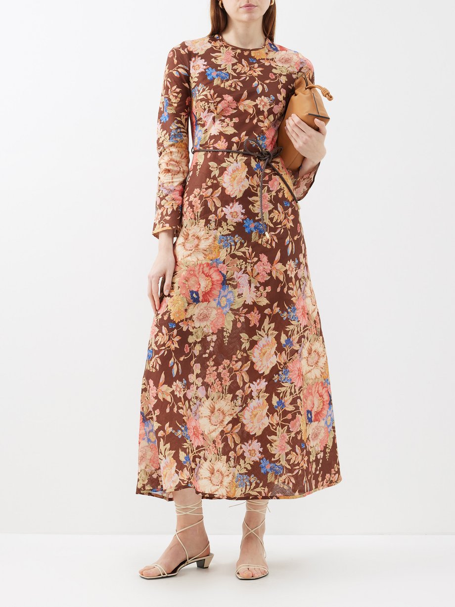 Brown August floral-print linen dress, Zimmermann