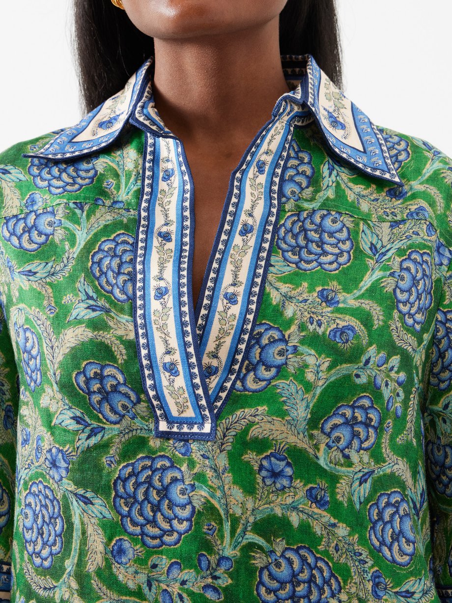 Green Junie floral-print linen tunic dress, Zimmermann