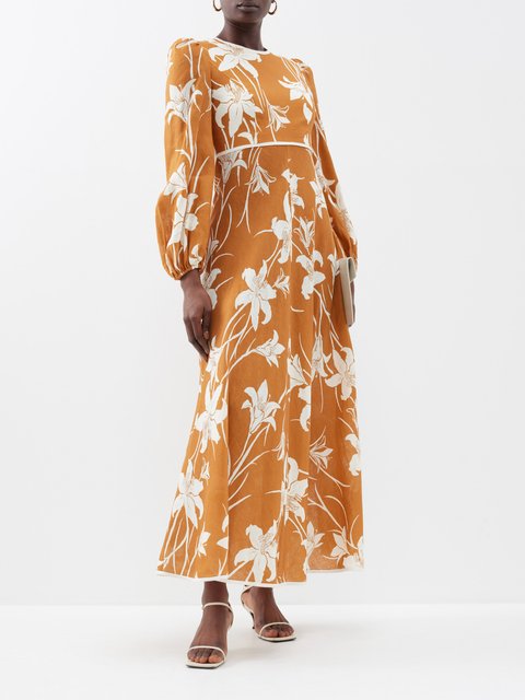 Brown August floral-print linen dress, Zimmermann