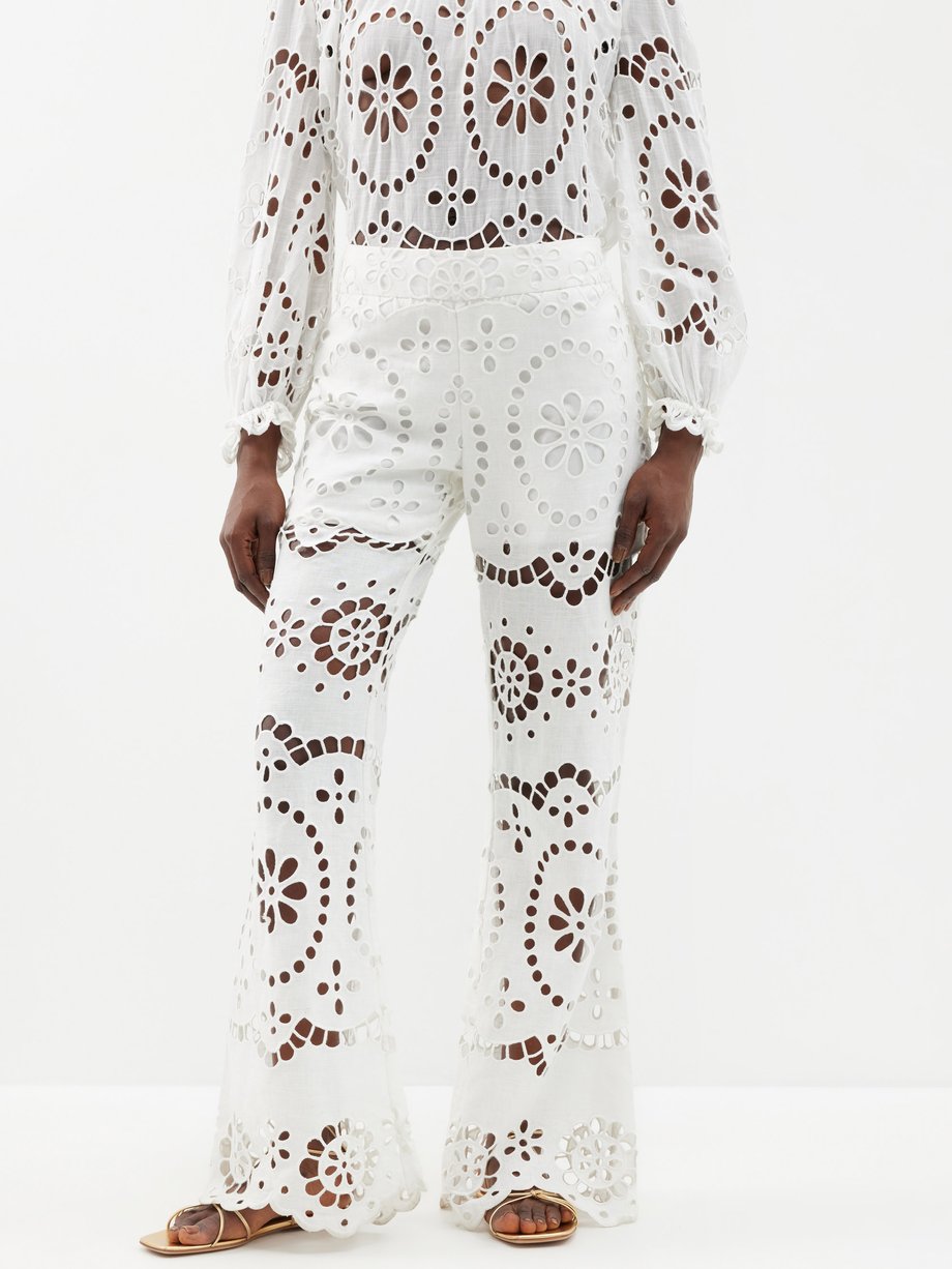 Ivory Lexi broderie-anglaise linen flared trousers | Zimmermann 