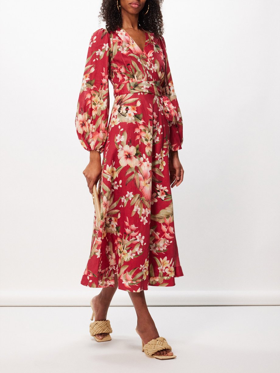 Red Lexi floral-print linen wrap dress | Zimmermann | MATCHES UK