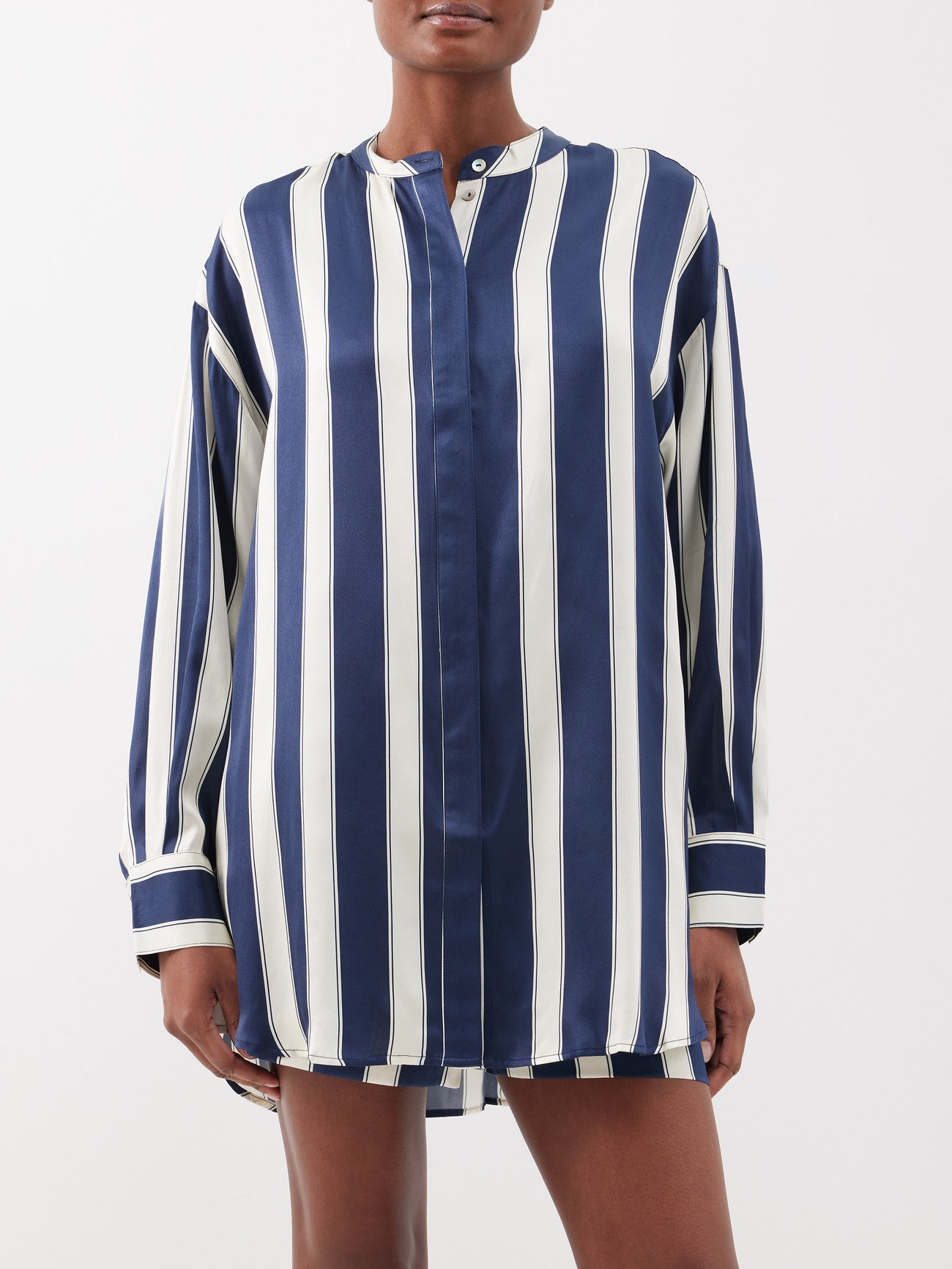 Asceno silk striped pyjamas in blue and white. button up oversized silk shirt and boxers set. 100% silk, Concealed button placket, Centre box pleat. 