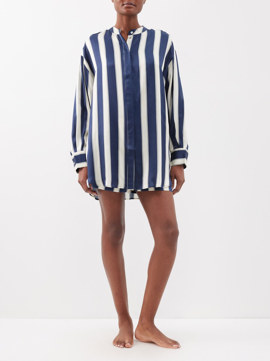 Navy Mantera striped silk pyjama shirt Asceno MATCHES UK