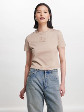 Miu Miu Distressed-logo cotton-jersey T-shirt