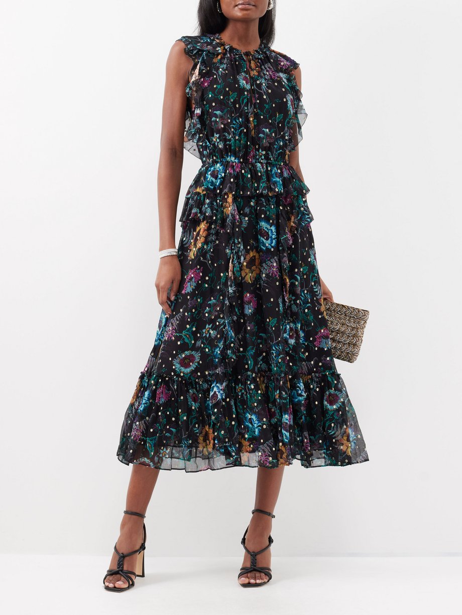 Black Adrienne botanical-print silk-chiffon midi dress | Ulla Johnson ...