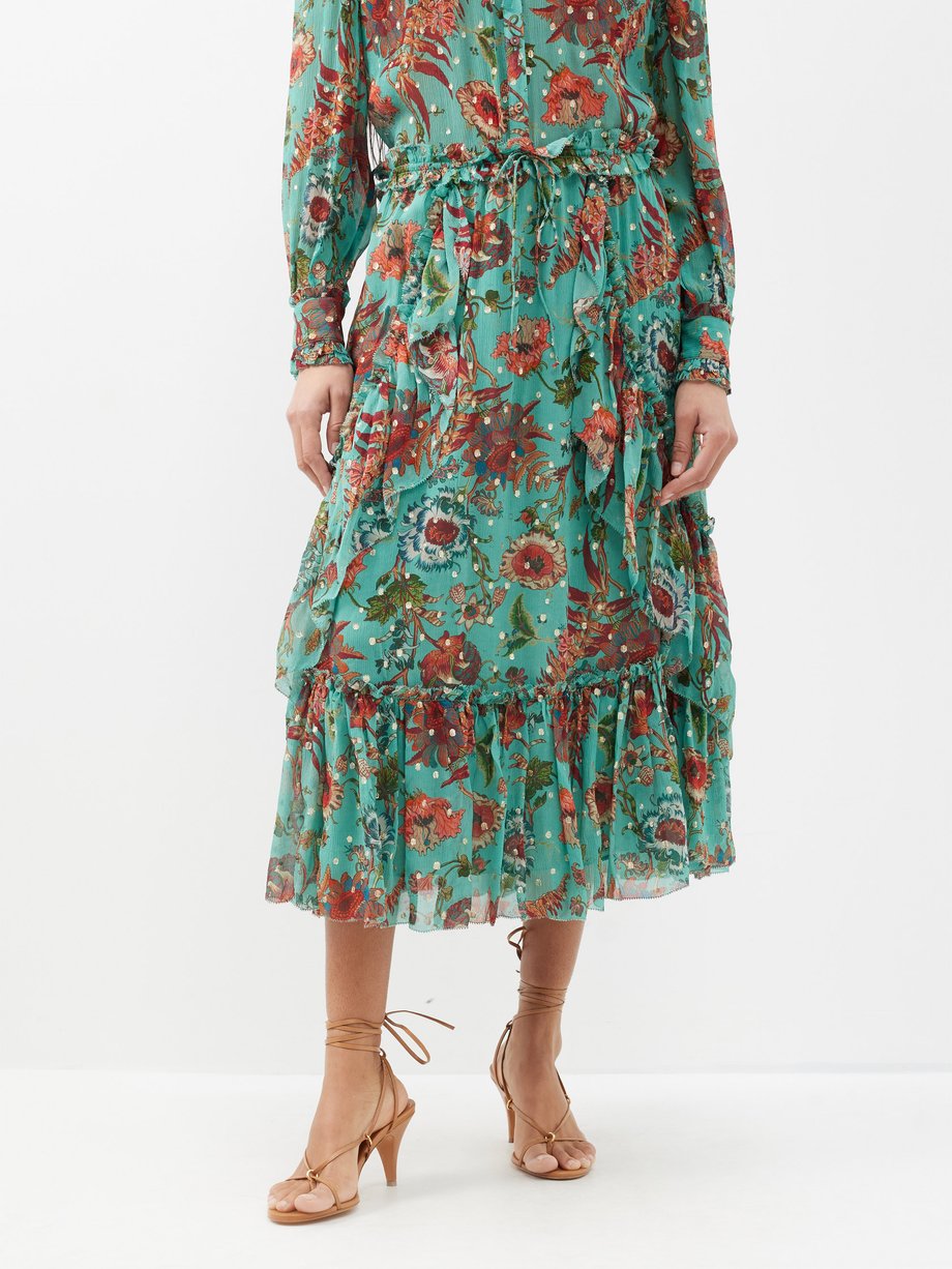 Green Justine botanical-print silk midi skirt | Ulla Johnson | MATCHES UK