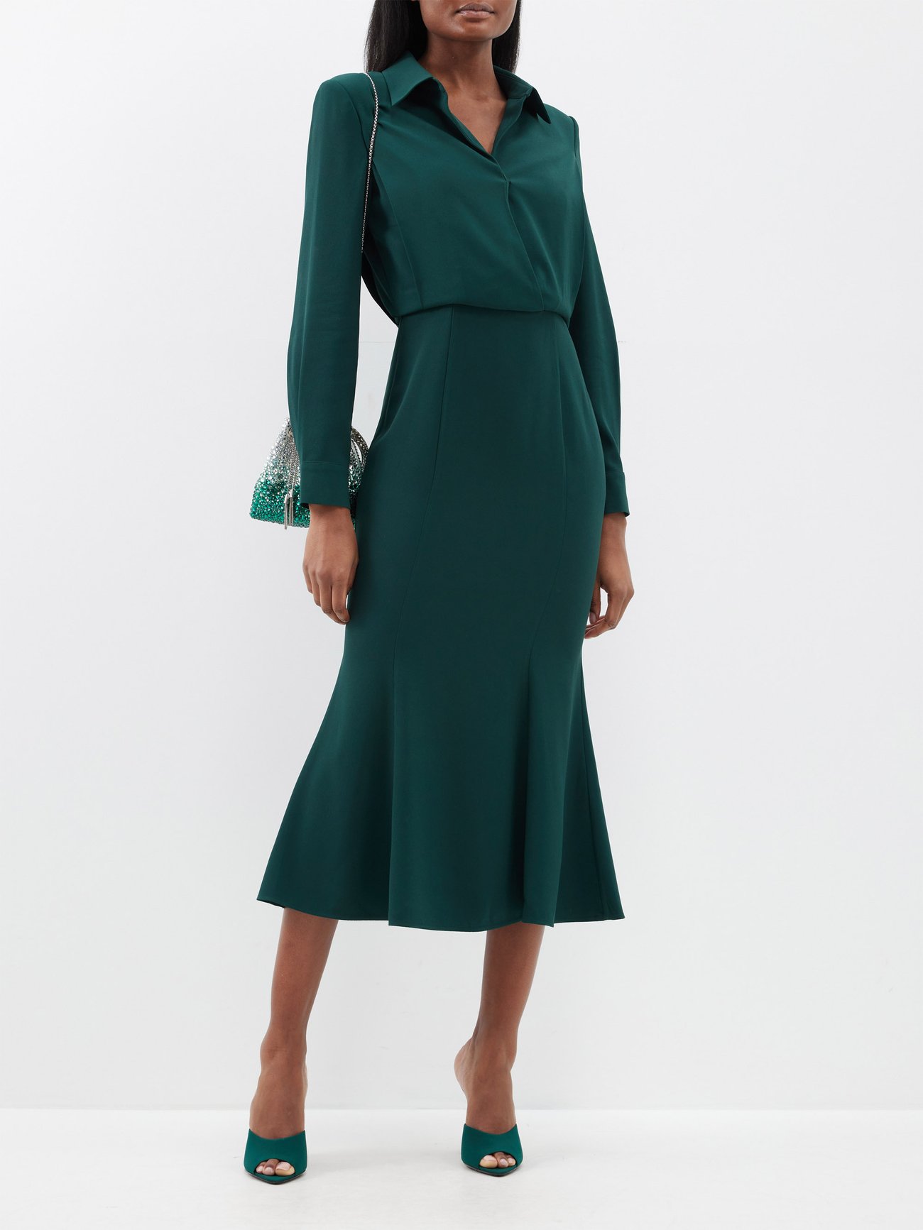 Green Point-collar satin-crepe midi dress | Roland Mouret | MATCHES UK