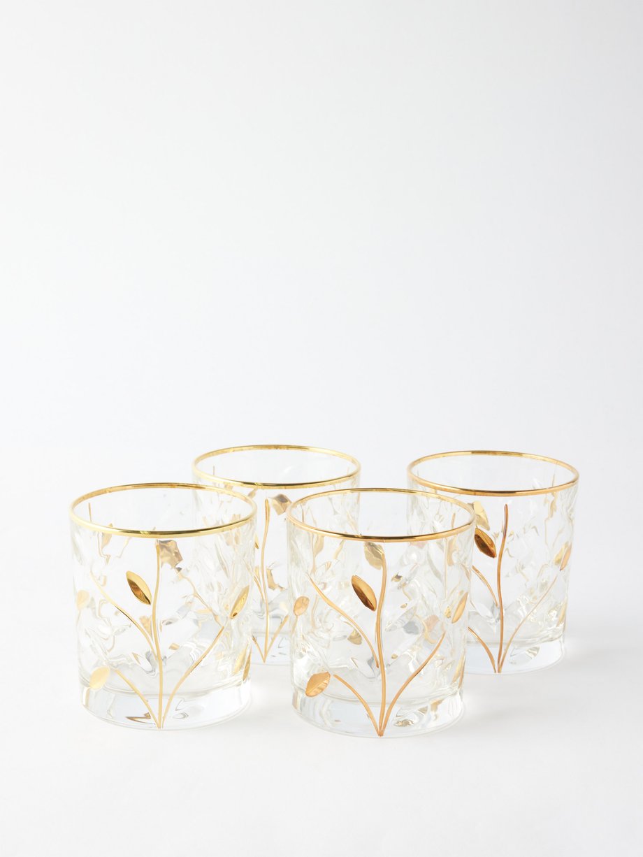 Les Ottomans Set de quatre verres en cristal à imprimé feuille