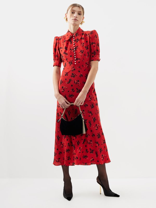 Red Rose print silk crepe midi shirt dress Alessandra Rich