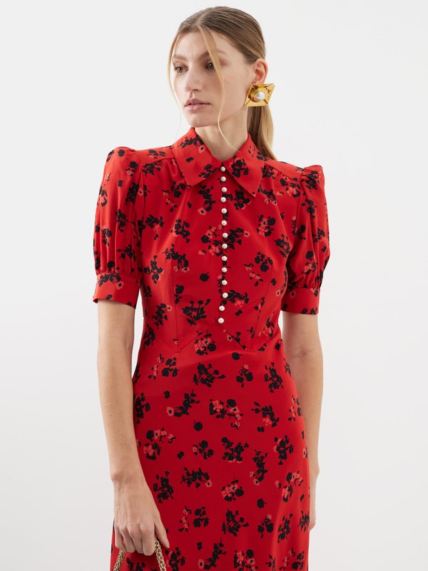 Alessandra Rich Rose-print silk-crepe midi shirt dress