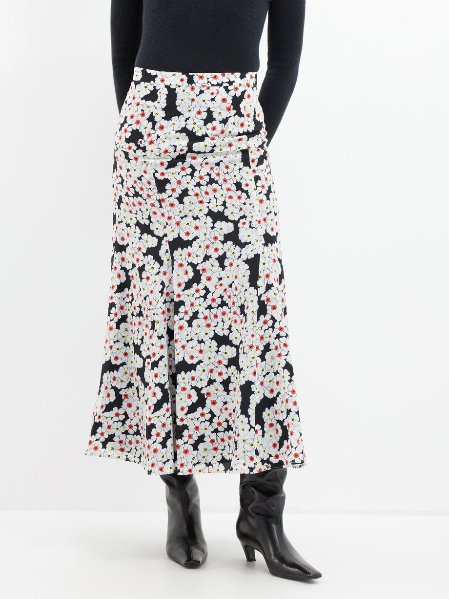 Alessandra Rich Daisy-print silk-crepe midi skirt