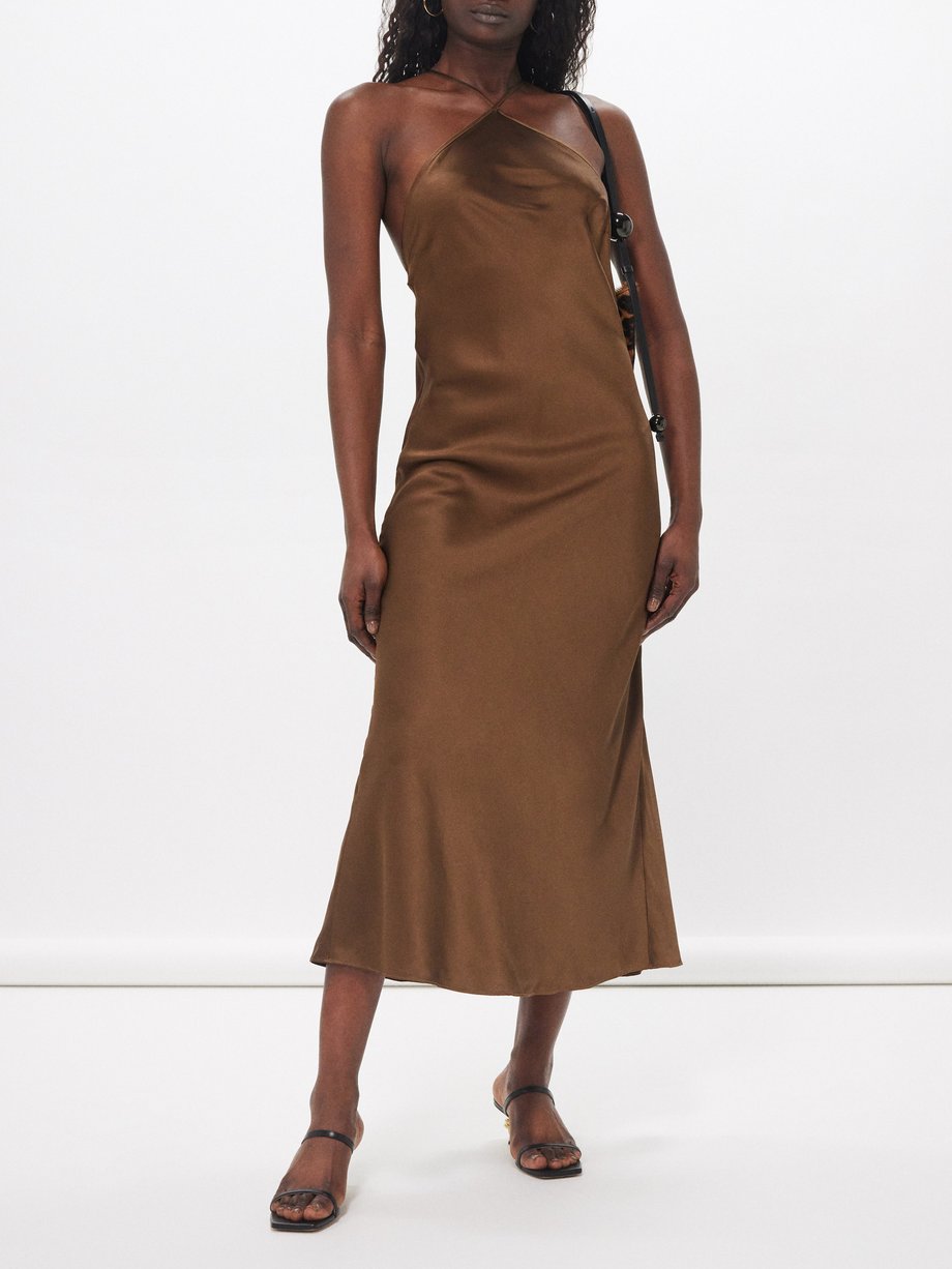 Brown Sno silk-satin midi dress | Saks Potts | MATCHES UK