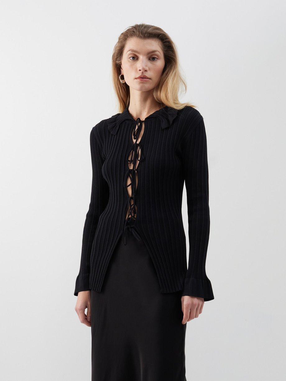 Black Devora tied front cotton blend cardigan By Malene Birger