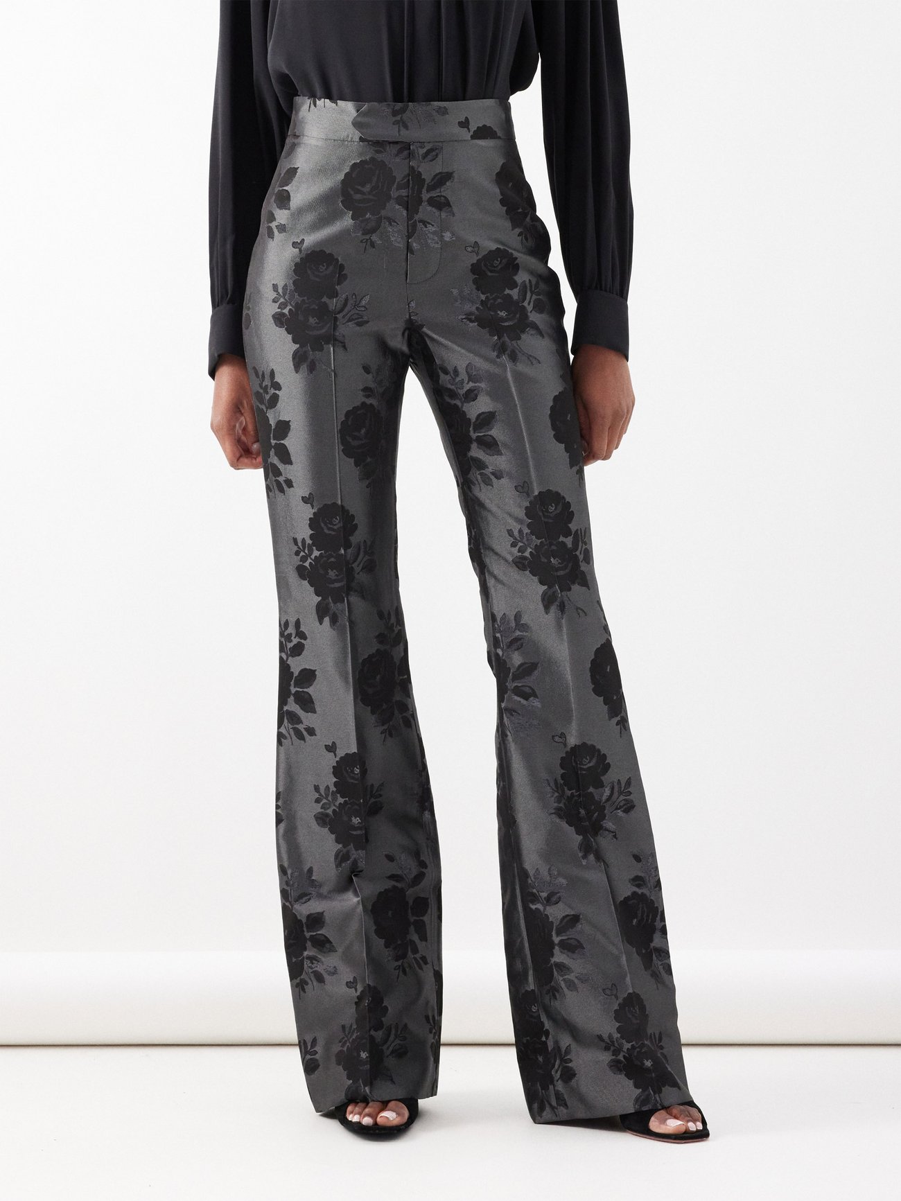 Black Floral Swirl Flared Trousers
