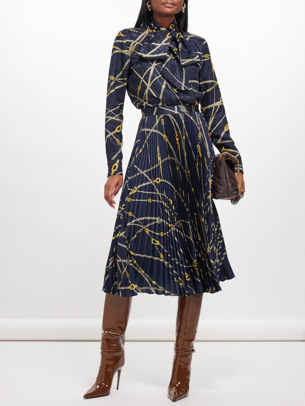 Versace Nautical-print pleated satin midi skirt