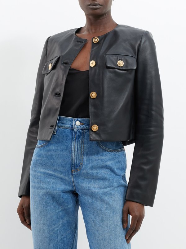 Versace Collarless leather cropped jacket