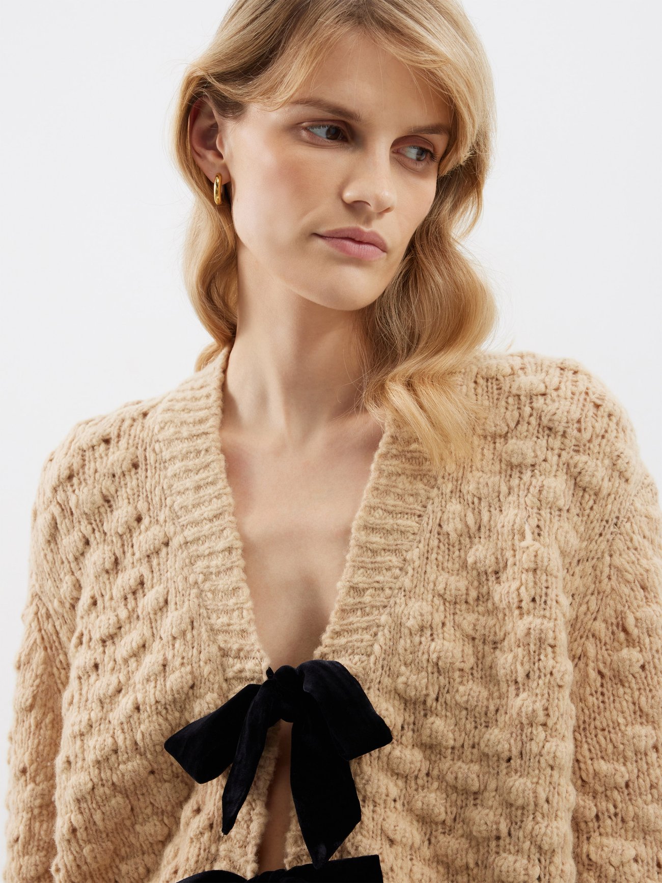 Beige Teresa velvet-bow wool-blend cardigan | Sea | MATCHESFASHION US