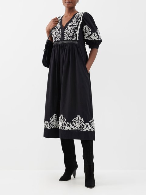 Buy V&A  Love & Roses Black Embroidery Embroidered Puff Sleeve Midi Dress  from Next USA