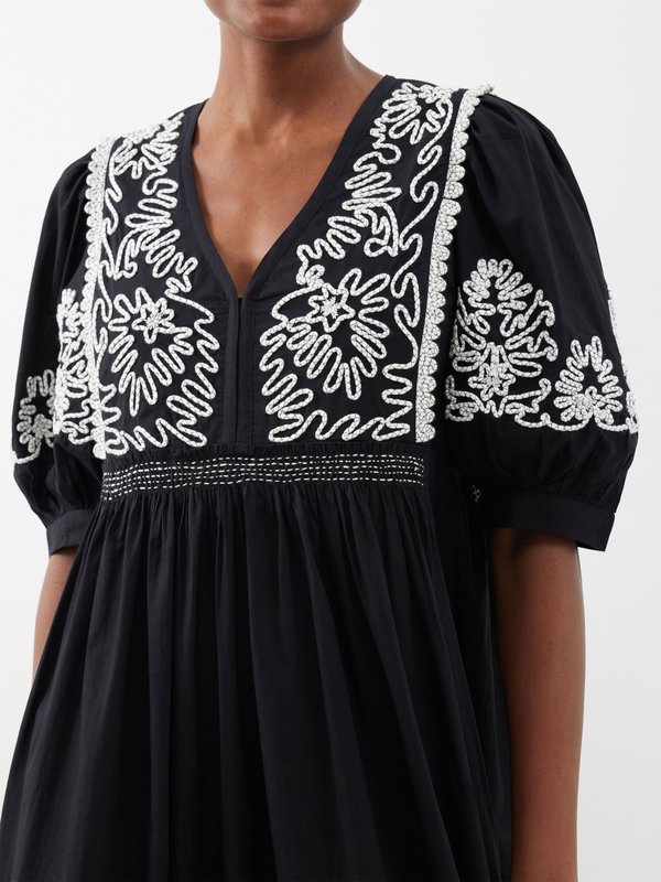 Sea Embroidered puff-sleeve cotton midi dress