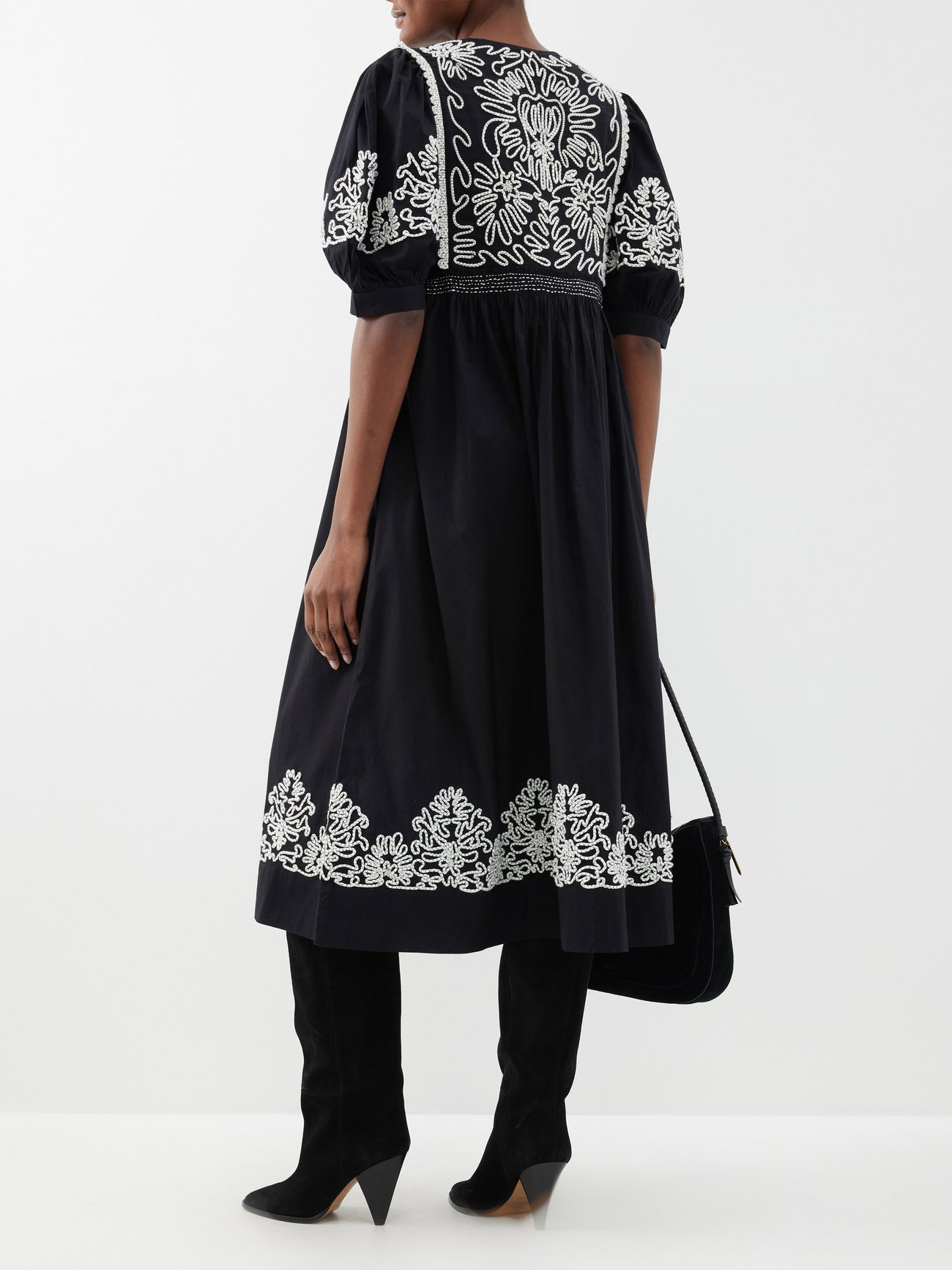 Embroidered Pure Cotton Midi Dress in Black