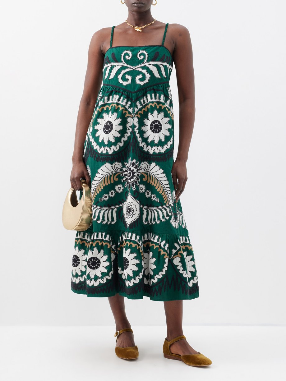 Green Charlough embroidered cotton midi dress | Sea | MATCHES UK