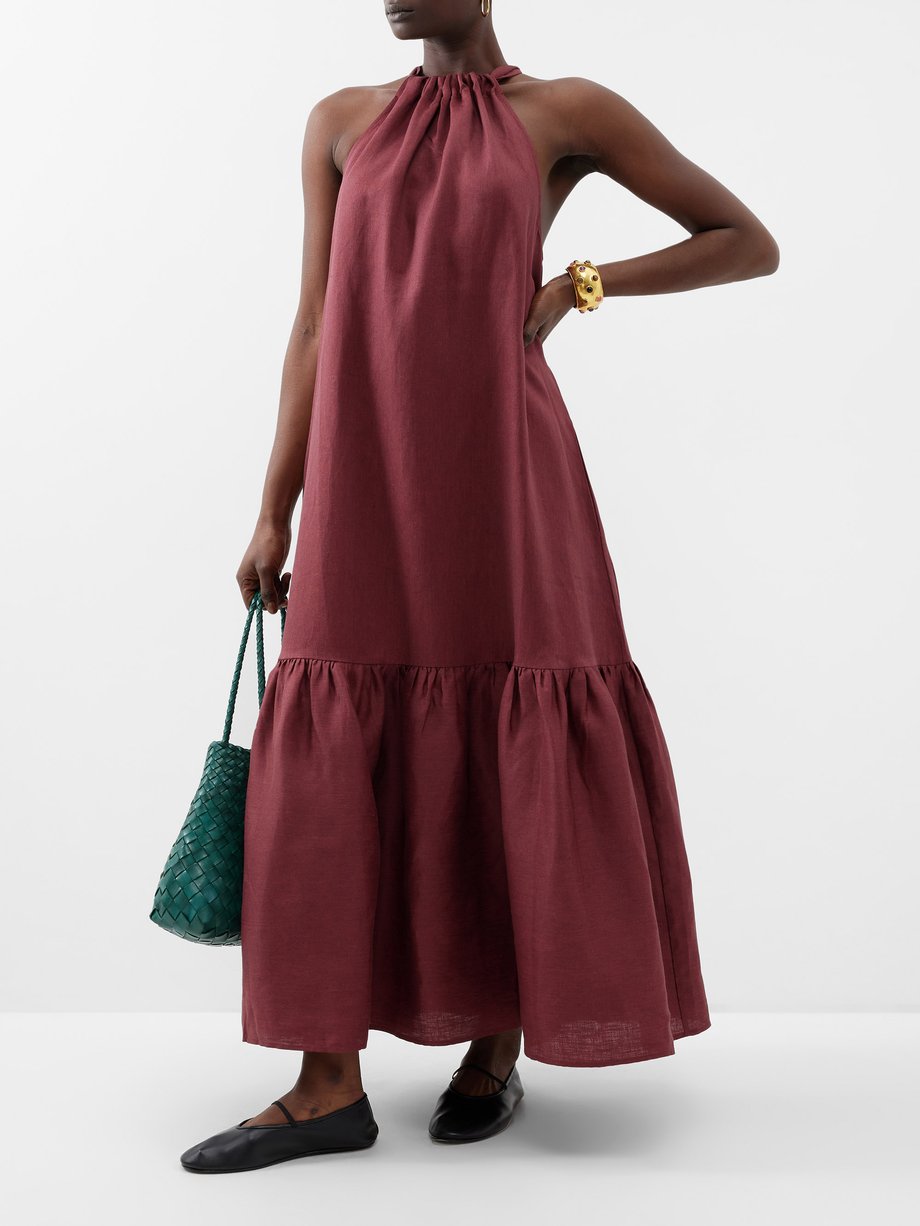 Burgundy Ibiza halterneck organic linen midi dress Asceno