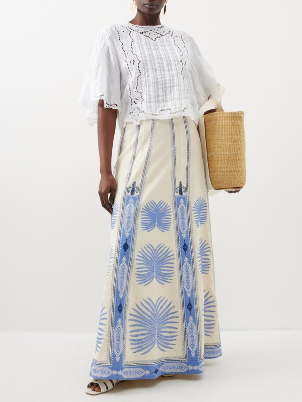 Emporio Sirenuse Camille embroidered linen-blend maxi skirt