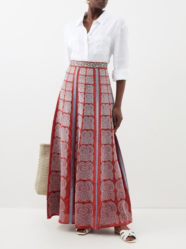 Emporio Sirenuse Camille embroidered linen-blend maxi skirt