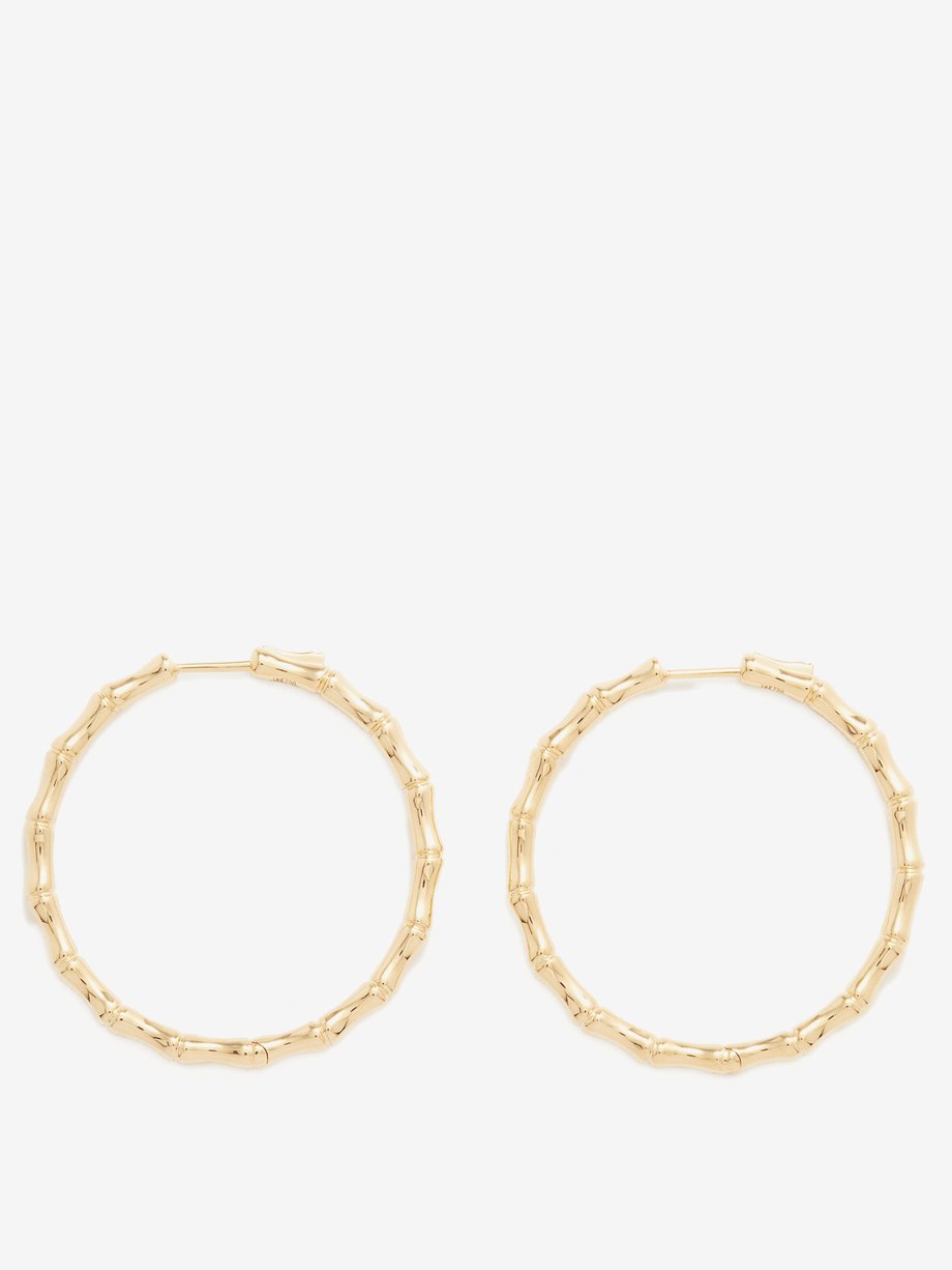 14K Yellow Gold Bamboo Hoop Earrings Tiny