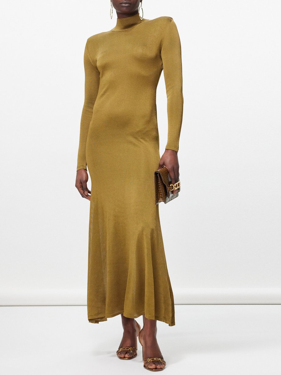 Gold Padded-shoulder high-neck knit gown | Tom Ford | MATCHES UK