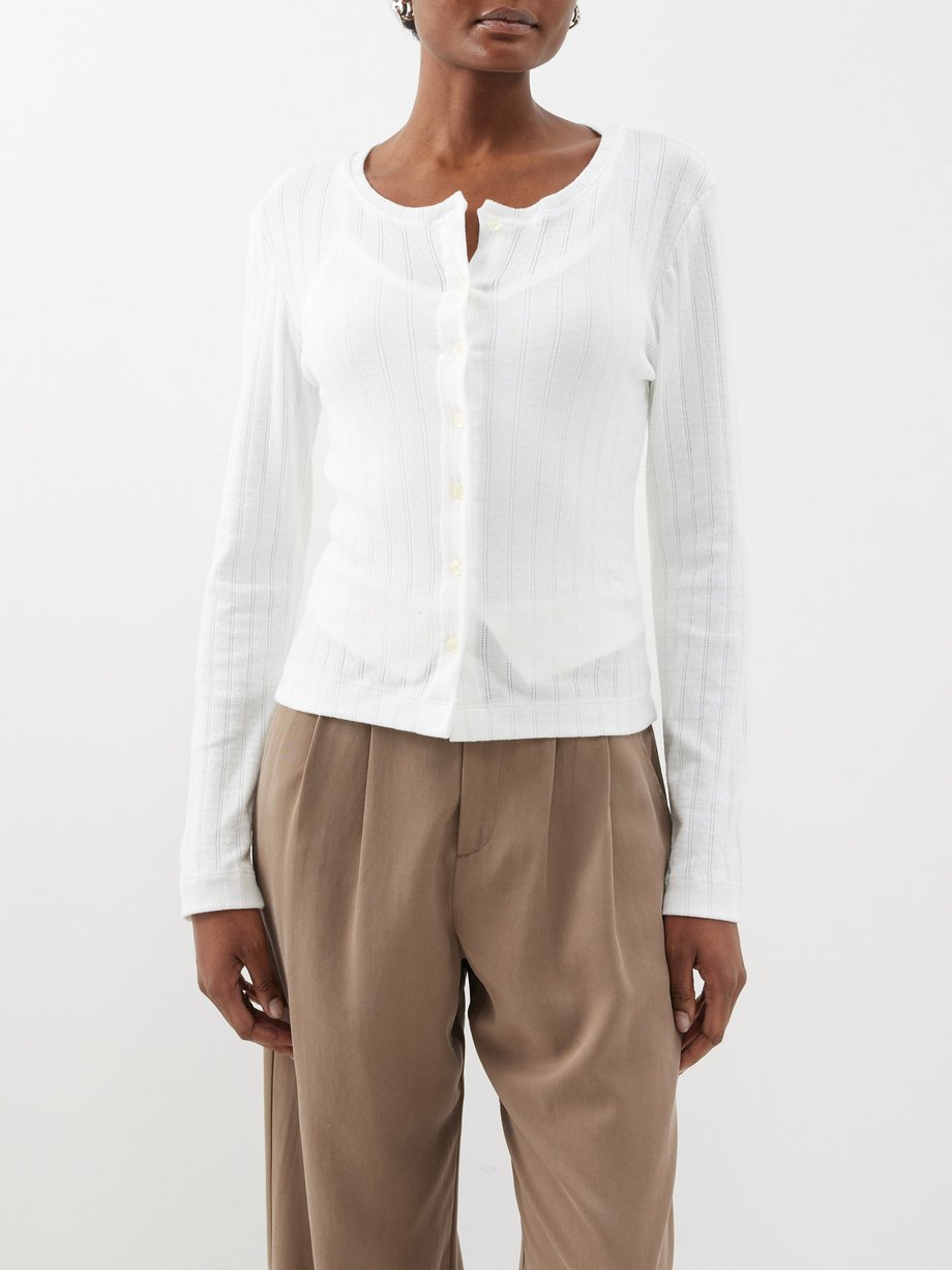 New Look pointelle button through shirt in off white
