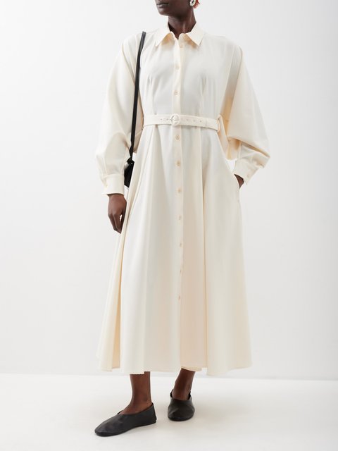 Beige Poplin Front-Open Shirt Dress Design by Kanelle at Pernia's