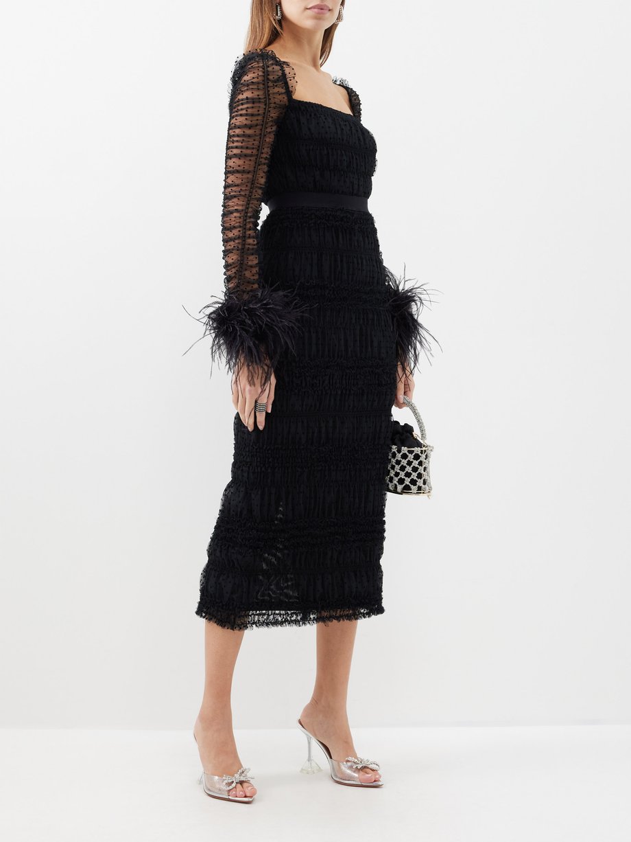 Black Feather-trim polka-dot mesh dress | Self-Portrait | MATCHES UK