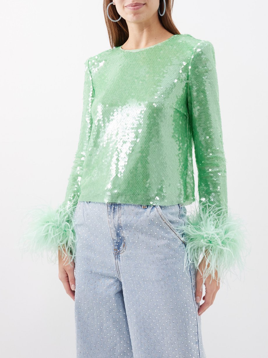 Self-Portrait Feather-trim sequinned tulle top
