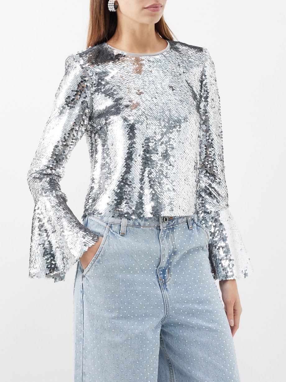 Silver Flared-sleeve sequinned blouse | Self-Portrait | MATCHES UK