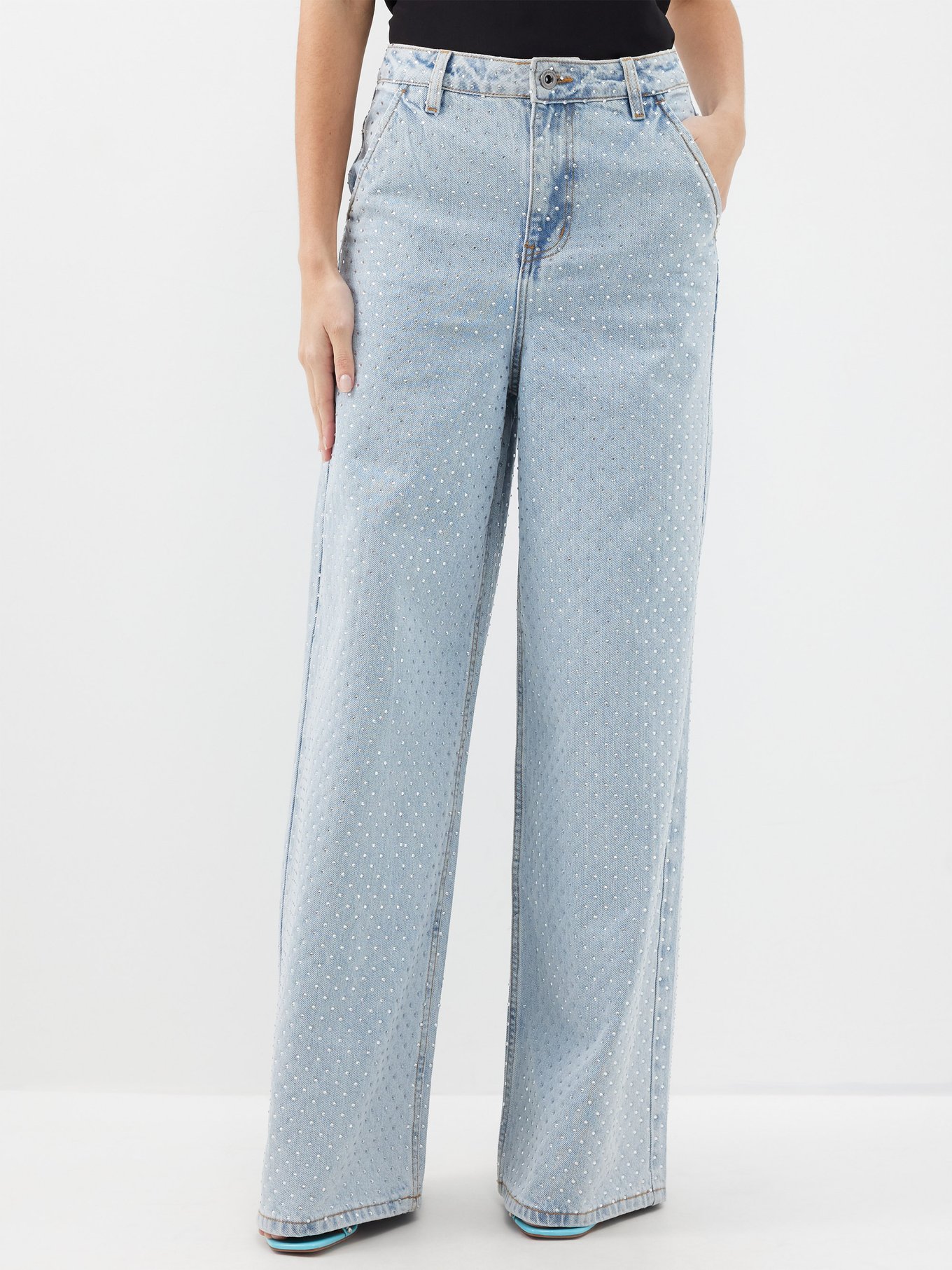 Self Portrait Rhinestone-Studded Wide Leg Jeans