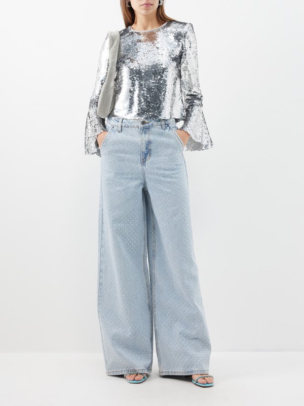 Self-Portrait Crystal-embellished wide-leg jeans