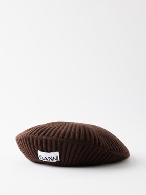 GANNI Ganni Logo-patch ribbed wool-blend beret