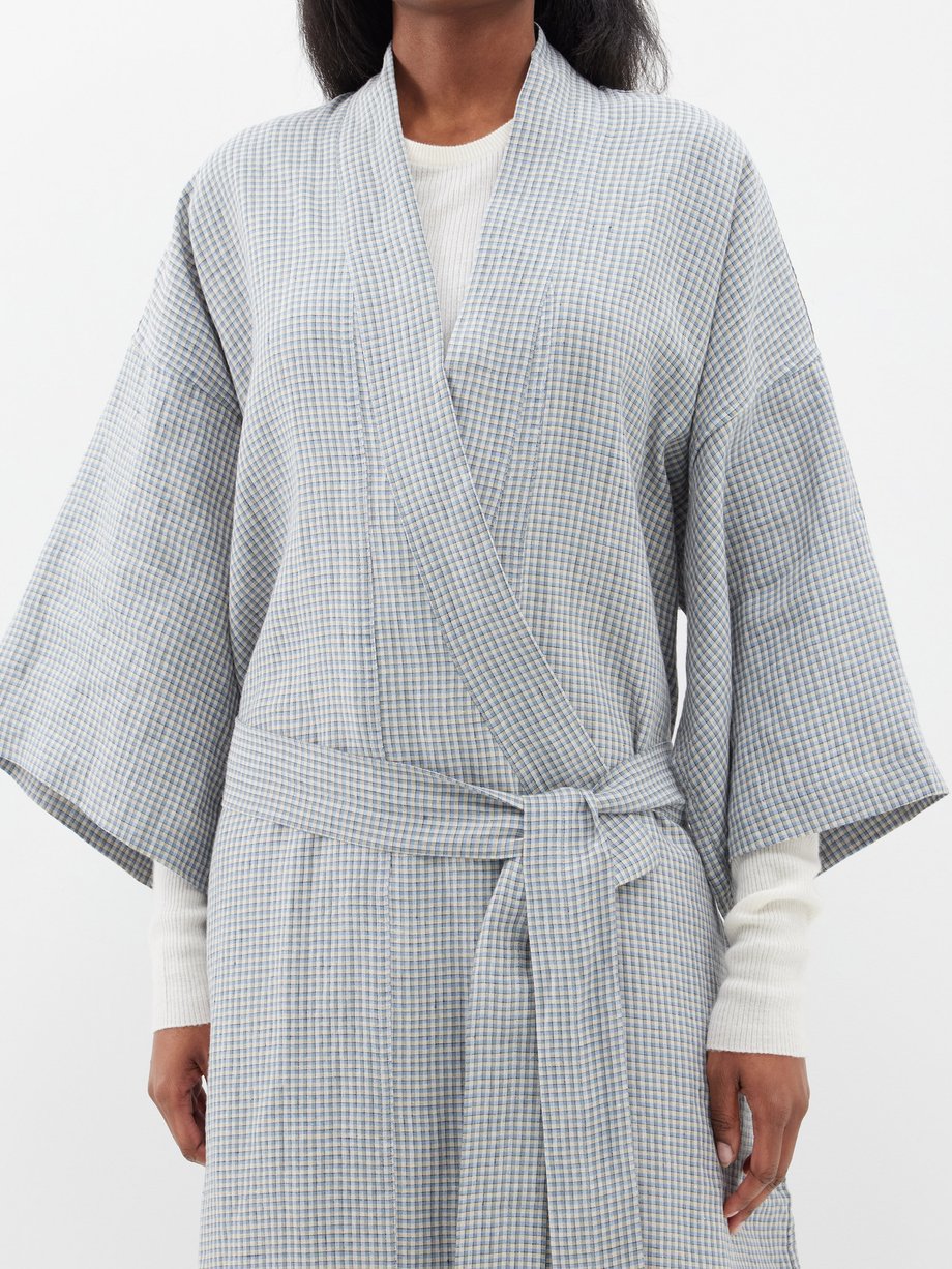 Grey 02 checked belted linen robe, Deiji Studios