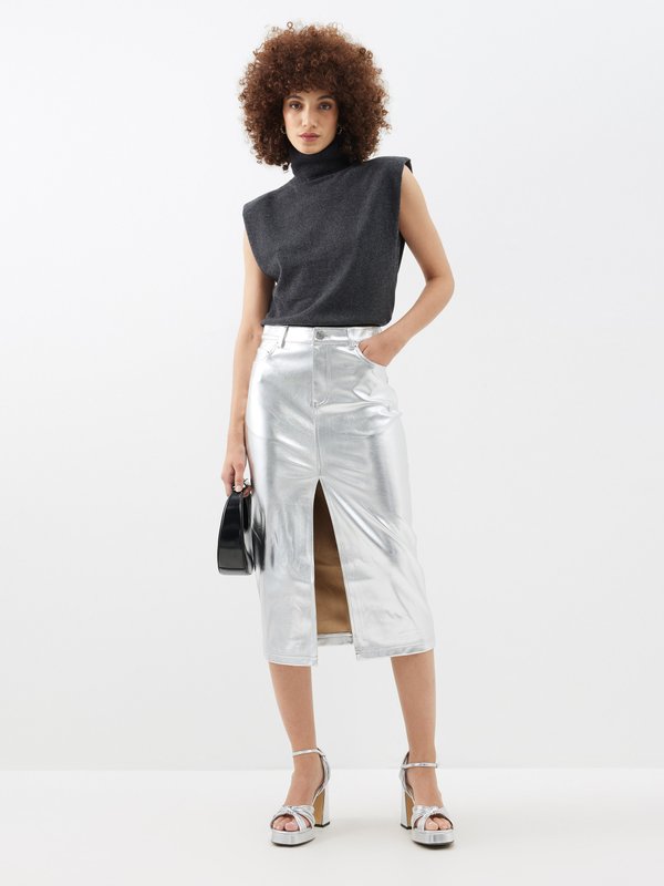 Staud Oaklyn metallic faux-leather midi skirt
