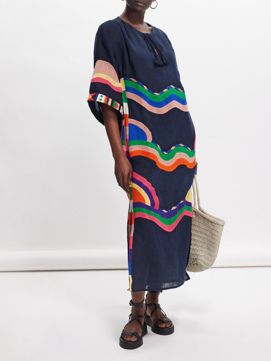 Navy Horizon stripe-embroidered linen midi dress | ERES | MATCHES UK